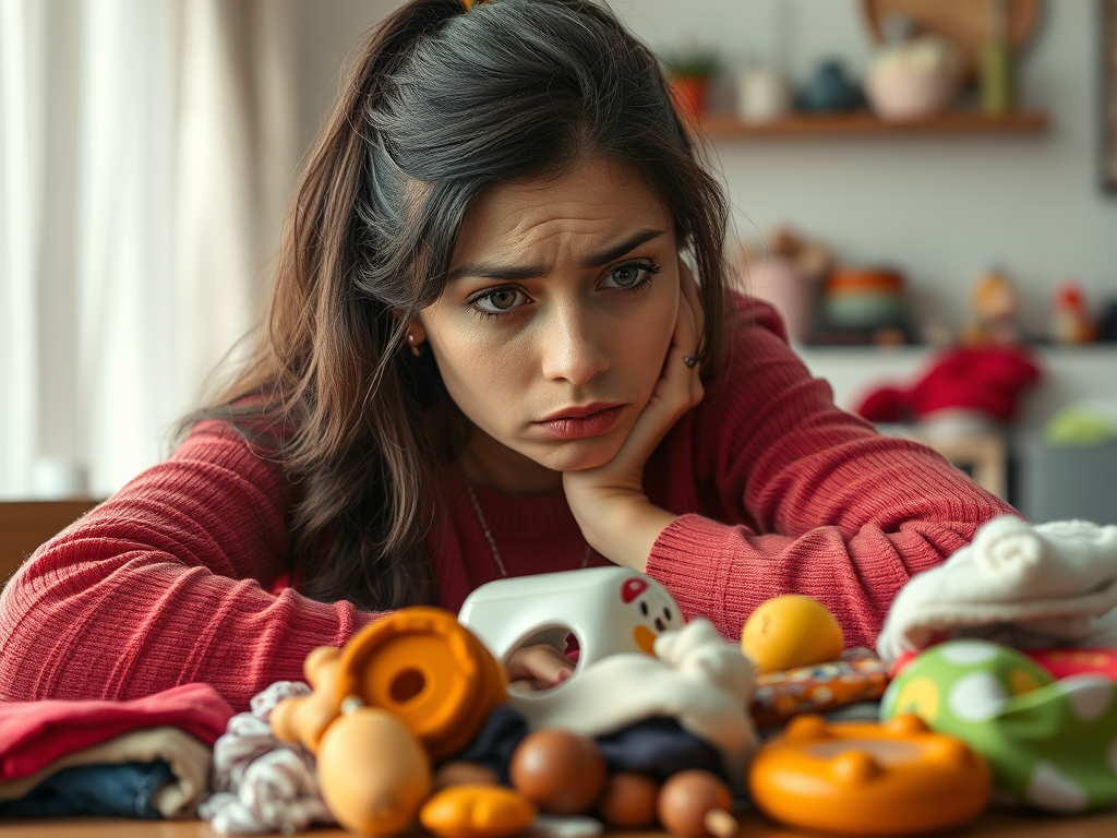 Madre joven mostrando cansancio por la carga mental invisible en la maternidad