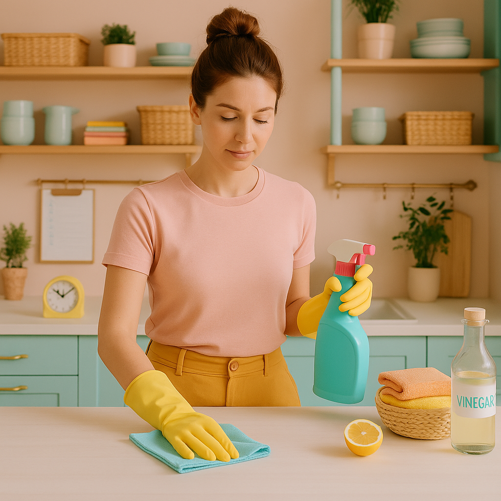 Mujer limpiando cocina con productos caseros y guantes amarillos en ambiente pastel
