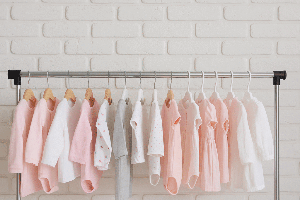 Perchero con ropa de bebé en tonos pastel organizada cuidadosamente para mamás primerizas