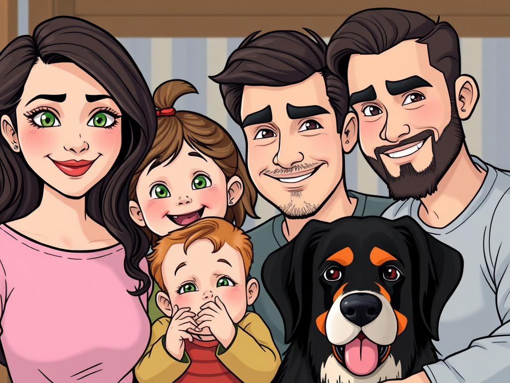 Familia Mamá Zombi Chic con hijos y perro Ilustración familiar divertida de Mamá Zombi Chic con su pareja, sus dos hijos y su perro, representando una familia moderna y caótica con amor